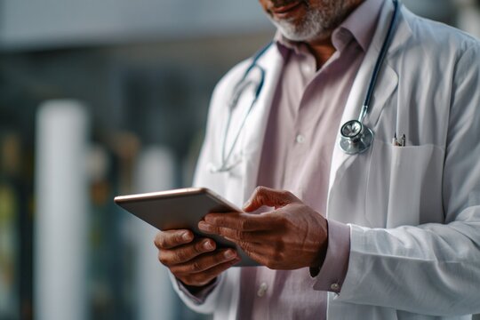 Closemouthed - up of a doctor using a digital tablet to review a patient 's medical chart , generative ai - Powered by Adobe