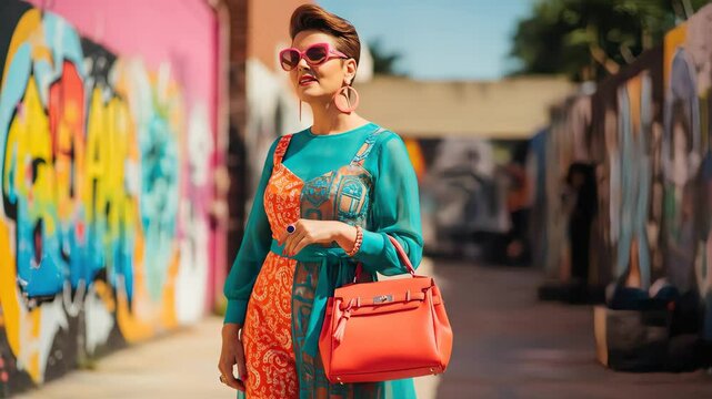 Woman in Teal and Orange Dress Posing in Urban Alleyway