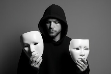 A man is holding two white masks in his hands. The masks are of different sizes and are positioned in front of him. The man is wearing a black hoodie and is looking at the masks