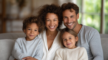 Fototapeta premium A happy family enjoying quality time on a cozy couch at home