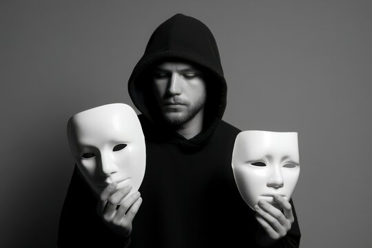 A man is holding two white masks in his hands. The masks are of different sizes and are positioned in front of him. The man is wearing a black hoodie and is looking at the masks