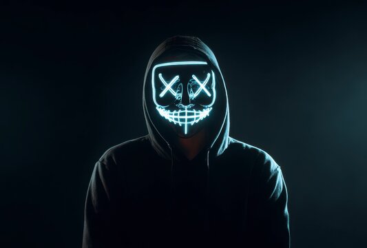 A man is wearing a hoodie with a glowing mask on his face. The mask has an X on each side of his face. The image has a dark and eerie mood, with the glowing mask