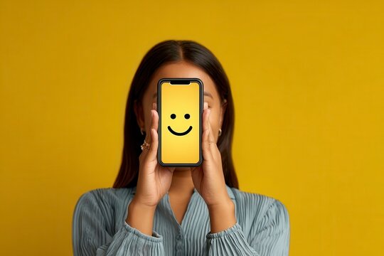 A woman is holding a cell phone up to her face, with a smiley face on the screen. Concept of happiness and positivity, as the woman is using her phone to capture a moment of joy
