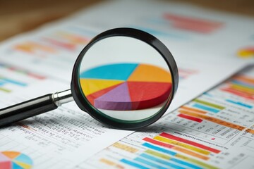 Magnifying Glass On Colored Pie Chart Of Credit Report Analysis