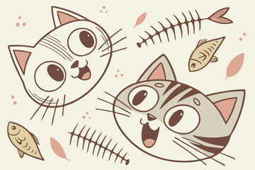 Charming vintage cat faces and fish bones in muted retro colors