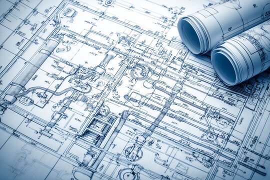 Architectural Blueprint with Plumbing Pipes for Emergency Plumber Service and Leak Repair