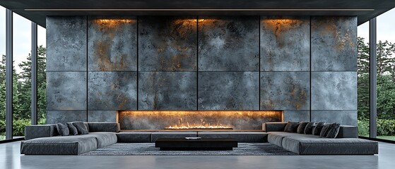 Modern Minimalist Living Room with Fireplace and Scenic View