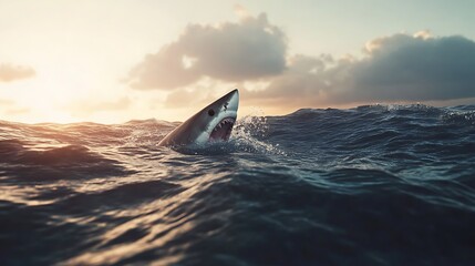 Fototapeta premium Ocean sunset sparkles around emerging shark fin high resolution picture