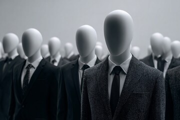 Group of faceless mannequins in suits symbolizing conformity and anonymity in New society .