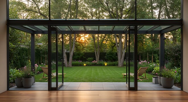 Luxury wooden gazebo in a lush park with a scenic nature view