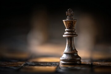 A lone king chess piece stands on a board , evoking strategy and focus in a dimly lit setting .