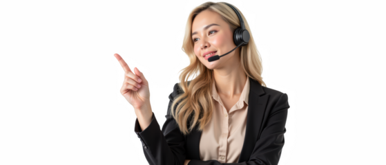 Professional customer service representative with headset, engaging and friendly demeanor, pointing to side