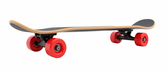Sleek skateboard with wooden deck and vibrant red wheels, perfect for cruising and tricks. Ideal for both beginners and experienced riders