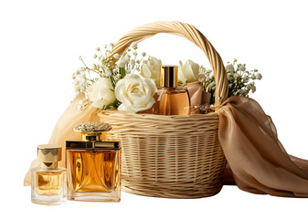 Wicker Basket Gift Set with Perfume Bottles and White Roses isolated on a transparent background