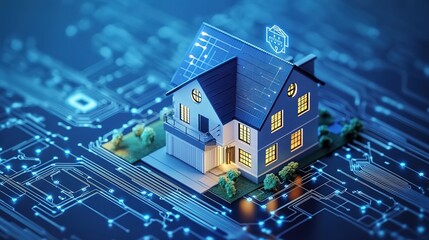 A digital house model connected to a network, symbolizing smart home technology and IoT integration with glowing circuit connections.