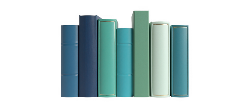 Books stacked in various shades of blue and green, showcasing modern and minimalist design. arrangement creates visually appealing display