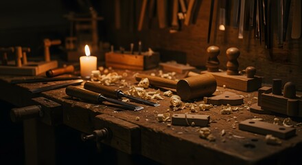 Artisan woodworker's workbench illuminated by candlelight