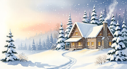 Fototapeta premium Cozy wooden cabin in snowy landscape during winter sunrise 