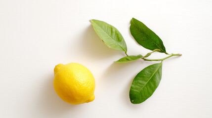 Bright yellow lemon adorned with green leaves, resting on a white surface under soft natural sunlight.