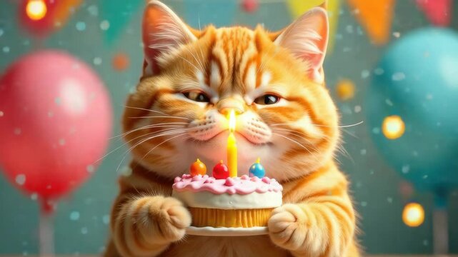 Happy cat celebrates birthday with small cake and colorful decorations at a festive party