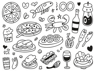 Playful food and drink doodles with characters pizza sandwich