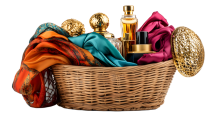 Wicker Basket Filled with Perfume Bottles and Silk Scarves Teal Orange Burgundy Gold isolated on a transparent background