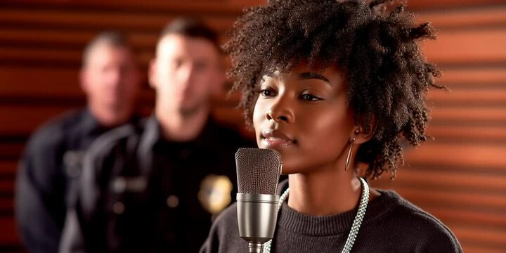 Black woman sings on microphone in soundproof recording booth while two police officers stand behind her