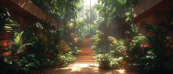 Lush Indoor Garden with Tropical Plants and Sunlight Streaming In