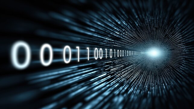 Close-up of glowing binary digits in a digital data tunnel - Powered by Adobe