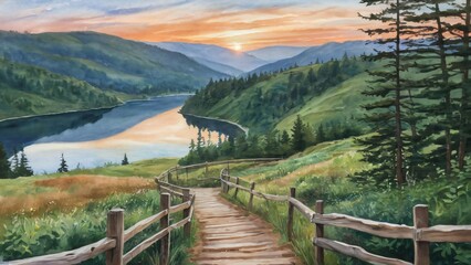 Fototapeta premium A winding wooden walkway leads through rolling hills and dense forests towards a tranquil lake bathed in the warm glow of a setting sun