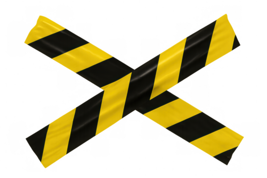 Caution tape intersecting, forming safety barrier with black and yellow striped pattern against transparent backdrop, signaling warning
