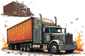 Green Truck with Orange Trailer Fiery Motion and Concept Sketch Vector Art