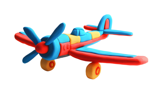 Colorful Playdough Airplane Model Red Blue Yellow Propeller Toy isolated on a transparent background - Powered by Adobe