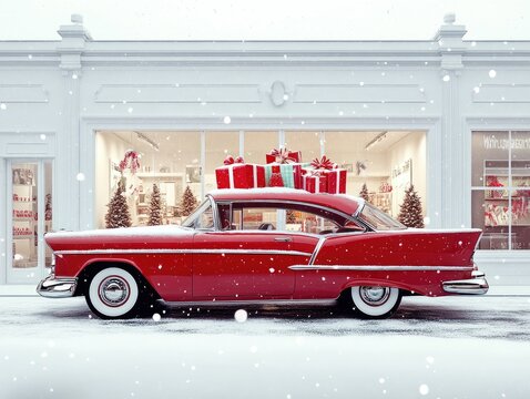 Fototapeta Red vintage car laden with gifts parked outside snow-covered shop