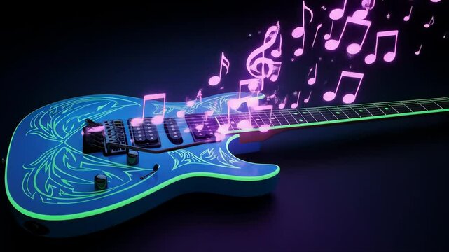 Glowing Blue Electric Guitar with Pink Music Notes