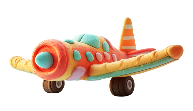 Playful Orange and Yellow Airplane Model with Teal and Pink Details isolated on a transparent background