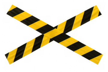 Intersecting yellow and black caution tape strips against transparent backdrop, symbolizing warning and safety precautions
