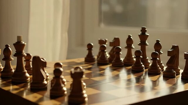 Wooden Chess Pieces on Chessboard with Sunlight and Window in Background