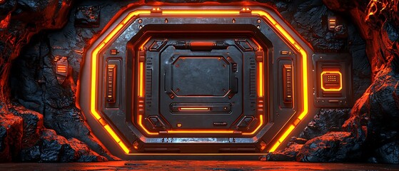 Futuristic Sci-Fi Doorway with Neon Lights and Rocky Background