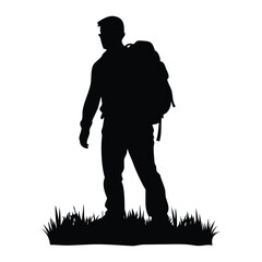 Silhouette of hiker with backpack adventure travel outdoor activity and nature exploration concept vector art