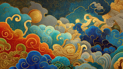 Colorful cloud pattern, gold swirl, blue, orange, Japanese