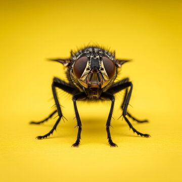 mouche en gros plan, isol&eacute; sur un fond jaune