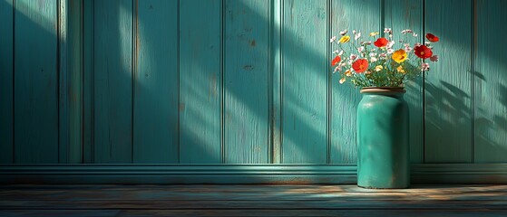 Vintage Vase with Colorful Flowers on Wooden Floor and Walls