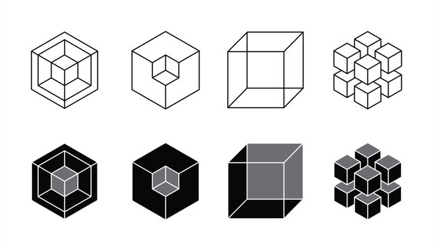 Geometric Cube Icon Set. Module, box, model, block, product. Outline and Solid 3D Blocks