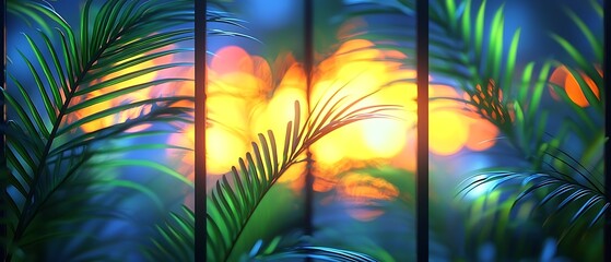 Lush Tropical Foliage with Warm Glow in Background at Twilight