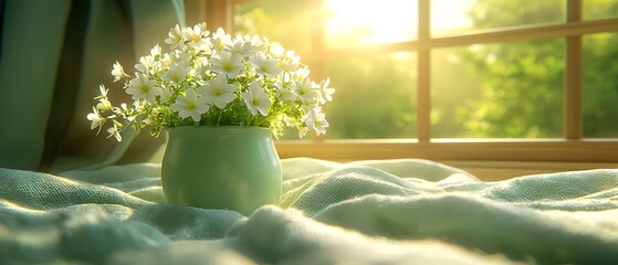 Serene Morning Scene with White Flowers in Sunlit Room