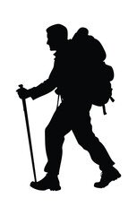 Silhouette of man hiking with backpack and trekking pole outdoor adventure travel and recreation concept,