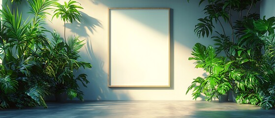 Empty Frame Surrounded by Lush Green Plants in Bright Room