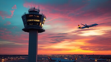 An air traffic control tower stands against a vibrant sunset sky as an airplane takes off over a sprawling airport.