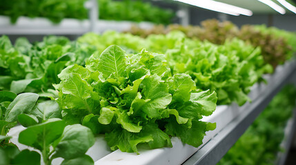 Rows of lush green lettuce, likely grown hydroponically, are shown thriving in a controlled indoor agricultural setting, indicating modern farming practices.